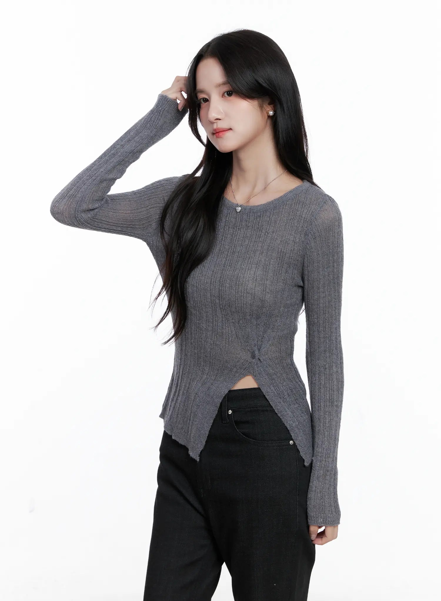side-cut-slim-long-sleeve-top-cs523 / Dark gray