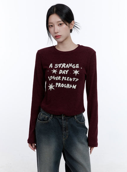 simple-lettering-long-sleeve-top-cd416 / Dark red
