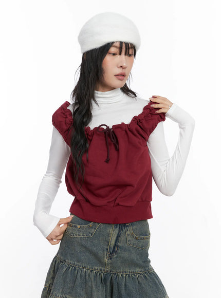ruffle-off-shulder-sleeveless-top-co507 / Dark red