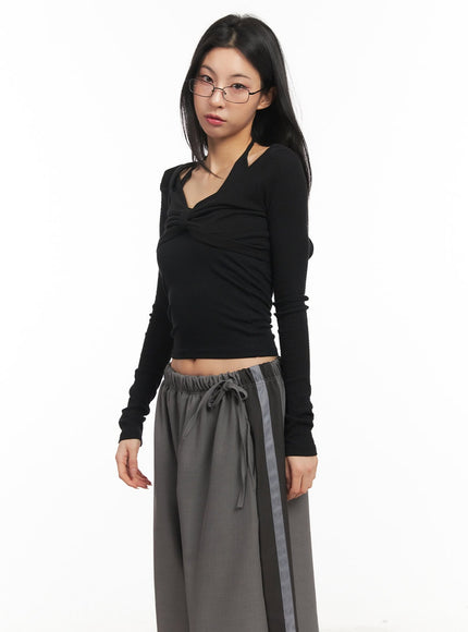 Twist Ribbon Long-Sleeve Crop Top CM503
