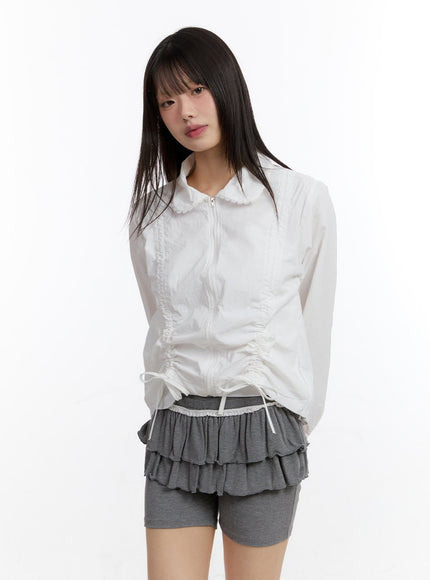 Ribbon Shirred Lace Collared Crop Jacket CA509
