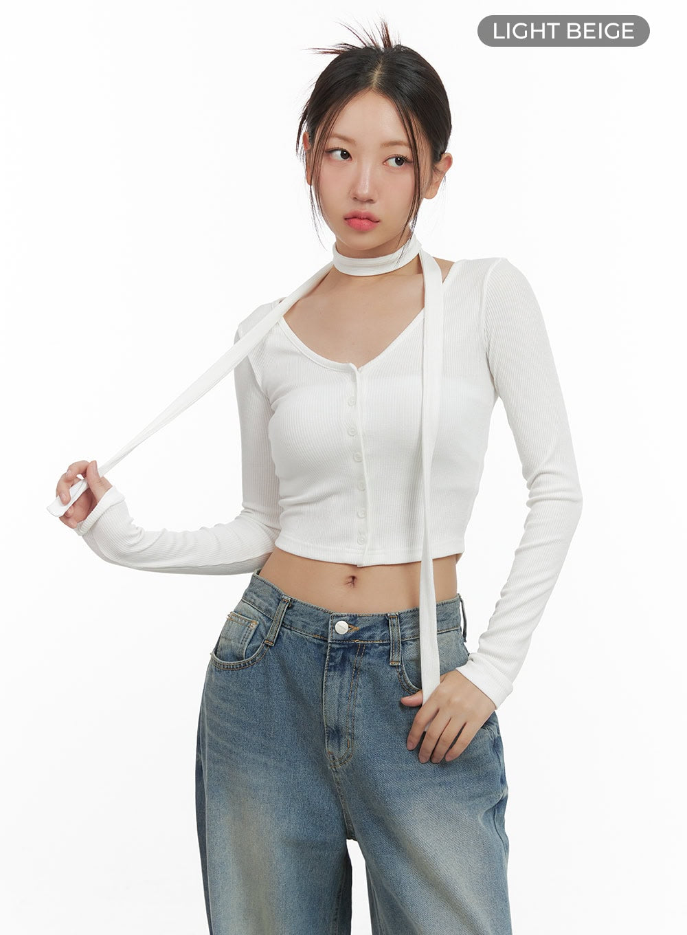 buttoned-long-sleeve-cardigan-thin-scarf-set-cs405