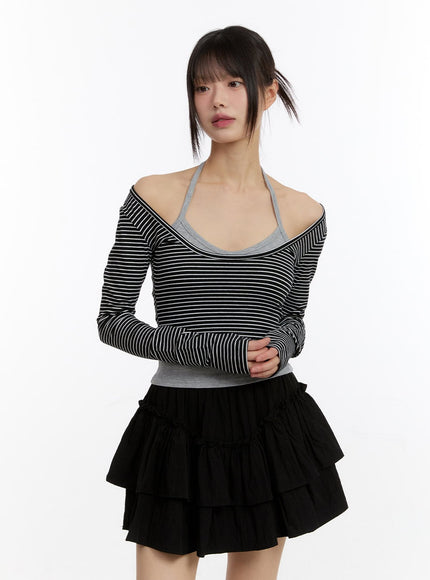 Stripe Long-Sleeve Crop Top with Tank Top CA508