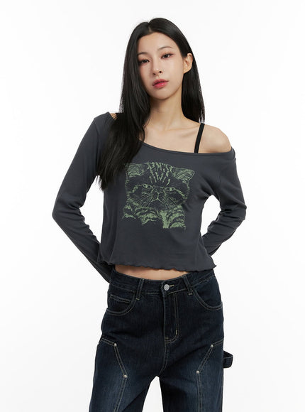 cat-graphic-print-cropped-shirt-cn416 / Gray