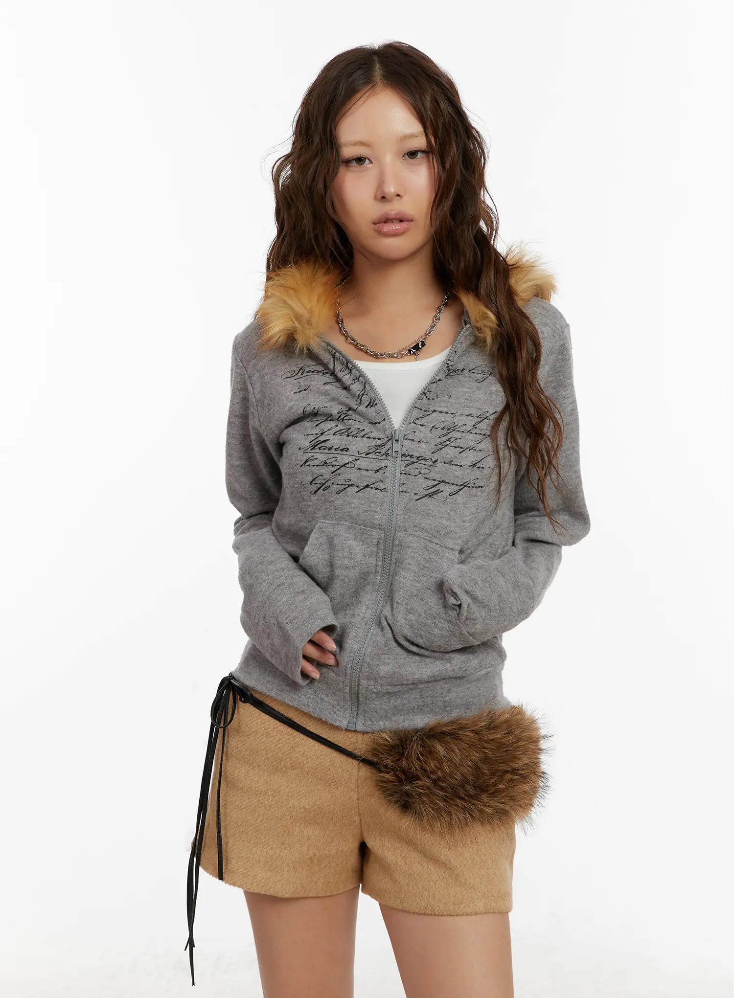graphic-faux-fur-trim-zip-up-hoodie-cd512 / Gray