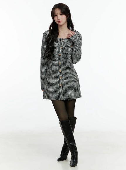 tweed-button-up-mini-dress-cd523 / Gray