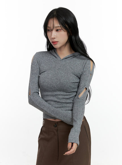 hooded-cut-out-crop-top-cn411 / Gray