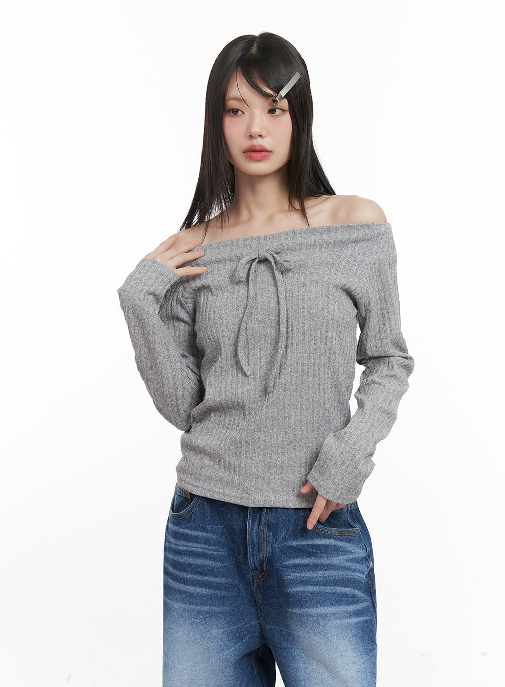 Ribbed Off-Shoulder Long-Sleeve Ribbon Top CJ524