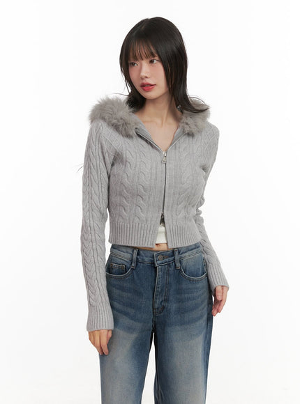 Fur-Hooded Zip-up Knit Crop Cardigan CJ502