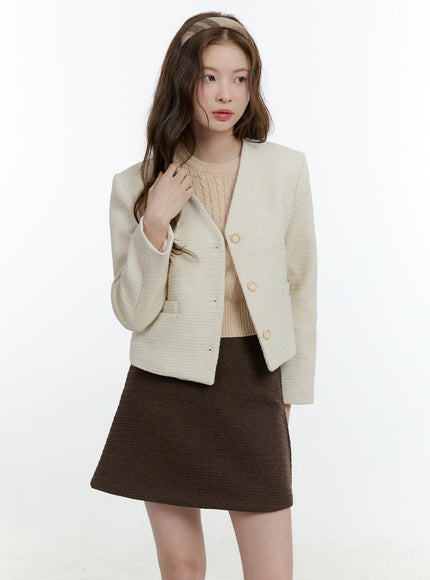 classic-tweed-collarless-buttoned-jacket-cf504 / Light beige