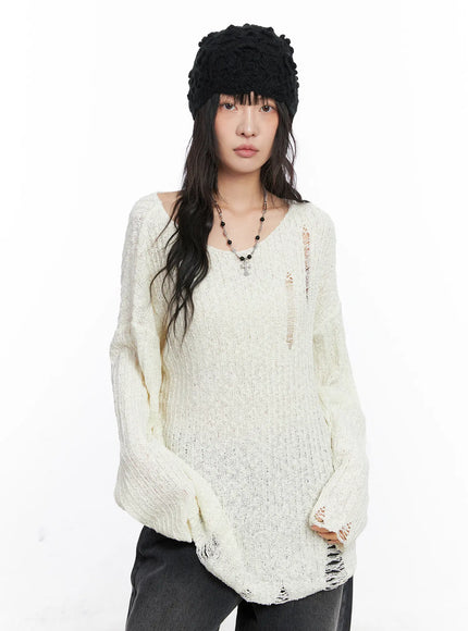 distressed-off-shoulder-sweater-cc1809 / Light beige