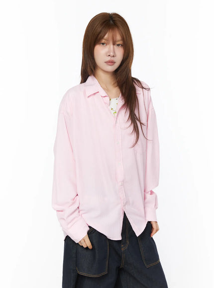 striped-oversized-button-up-shirt-cy528 / Pink