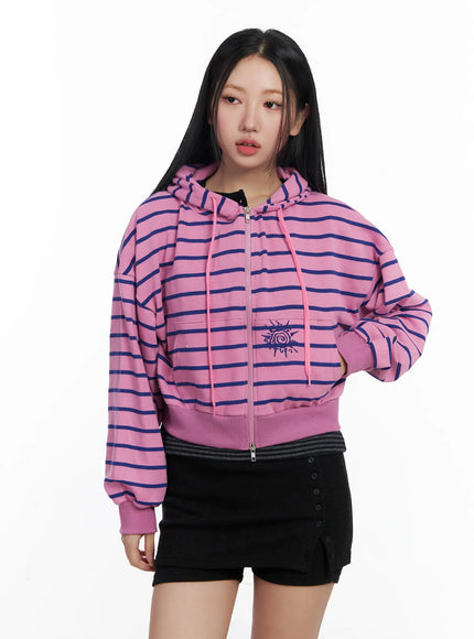 striped-embroidered-cropped-hoodie-cj514 / Pink