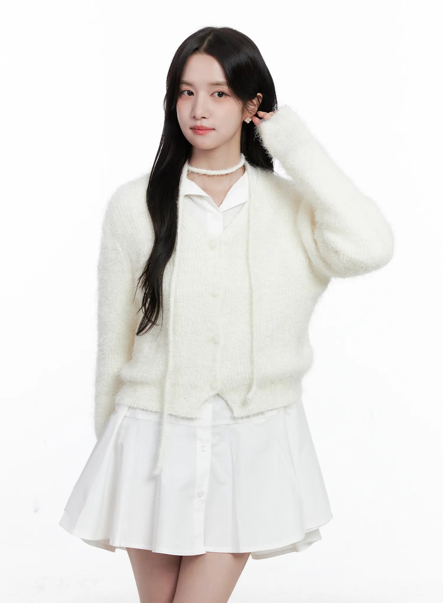 fluffy-knit-cardigan-scarf-set-cs519 / White
