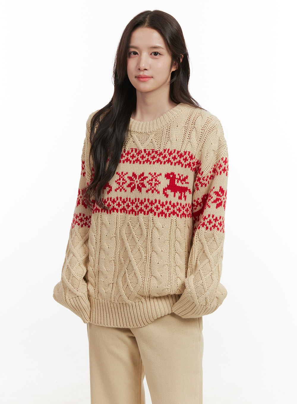 cozy-nordic-round-neck-sweater-on429 / Beige