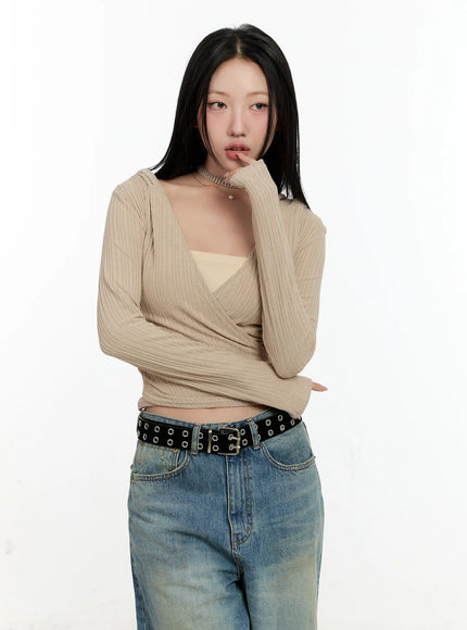 knit-wrap-hoodie-long-sleeve-top-cn505 / Beige