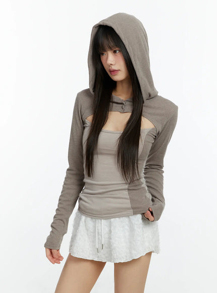 cut-out-hooded-long-sleeve-tee-cf510 / Beige