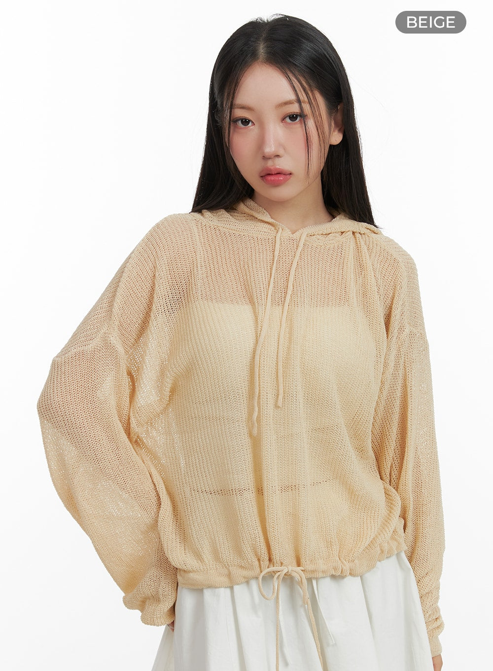 sheer-drawstring-hoodie-oa416 / Beige