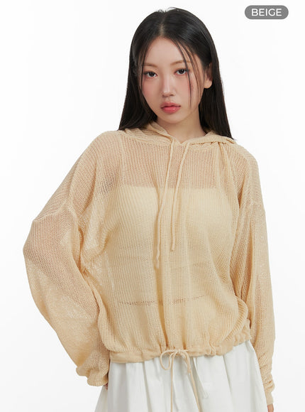 sheer-drawstring-hoodie-oa416 / Beige
