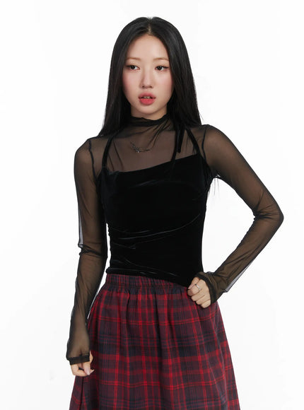 sheer-layered-long-sleeve-top-cd530 / Black
