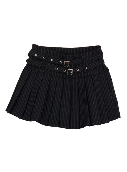 double-belted-pleated-mini-skirt-cj508 / Black