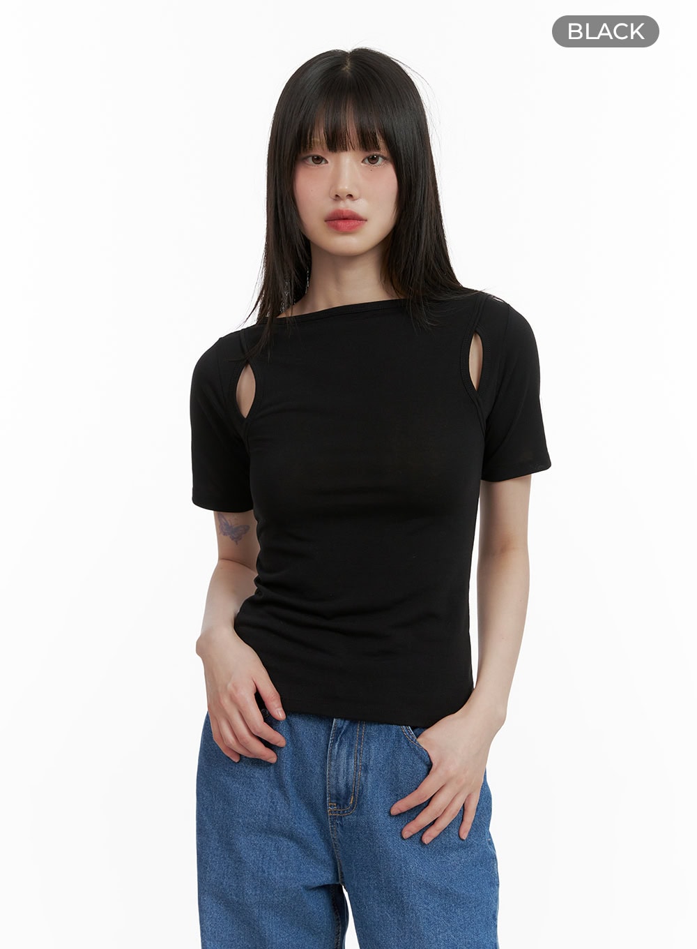 cut-out-sleeve-tee-cy428 / Black