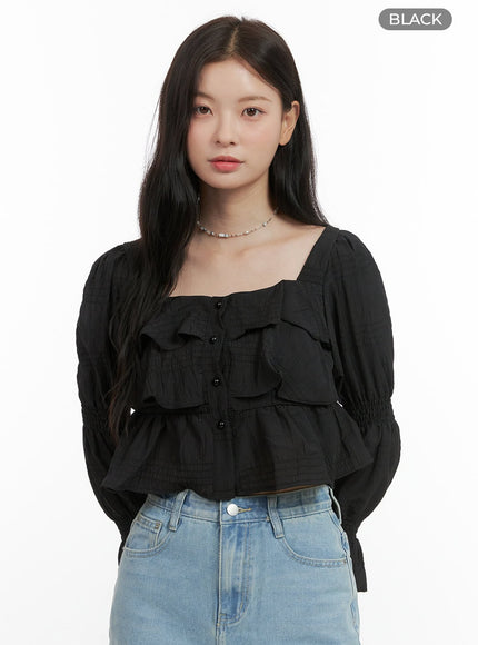 square-neck-button-ruffle-blouse-os423 / Black