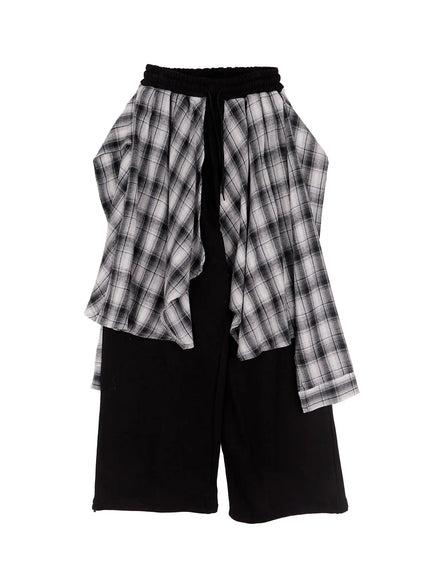layered-plaid-sweatpants-cs524 / Black