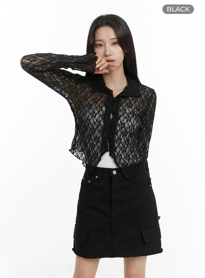 lace-solid-ruffle-hem-long-sleeve-blouse-cm427 / Black