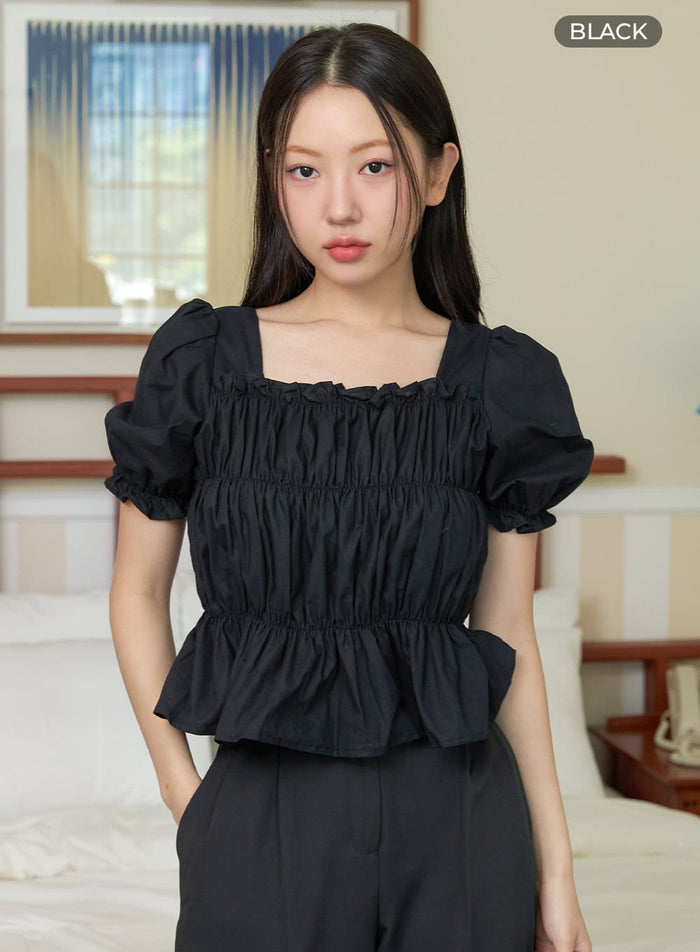 frill-puff-square-neck-top-oy427 / Black