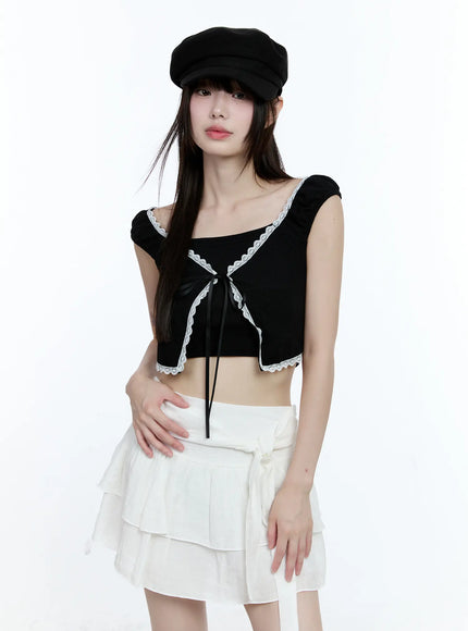 layered-lace-short-sleeve-cardigan-cg511 / Black