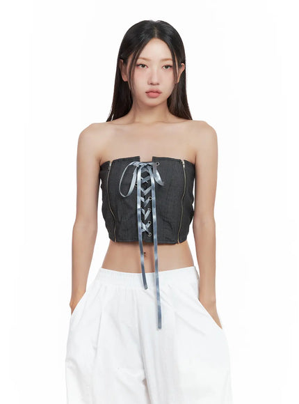 denim-lace-up-corset-tube-top-cl508 / Black