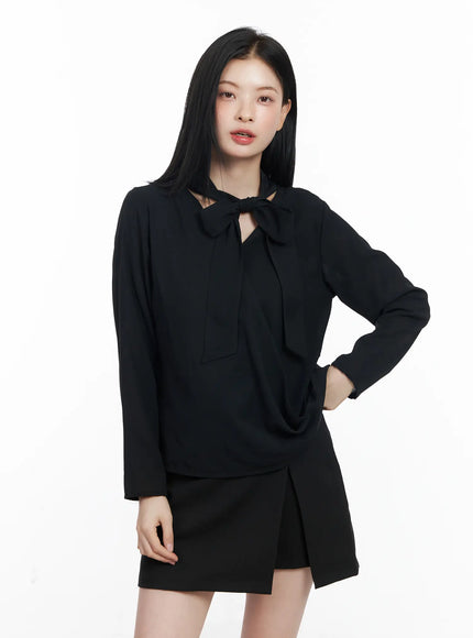elegant-v-neck-scarf-blouse-cj519 / Black