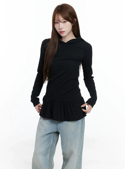 frill-ribbed-hoodie-cs501 / Black