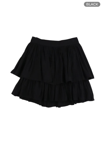 solid-ruched-ruffle-hem-mini-skirt-oy421 / Black