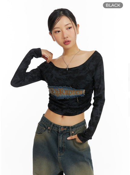 vintage-washed-shirred-crop-top-cf420 / Black