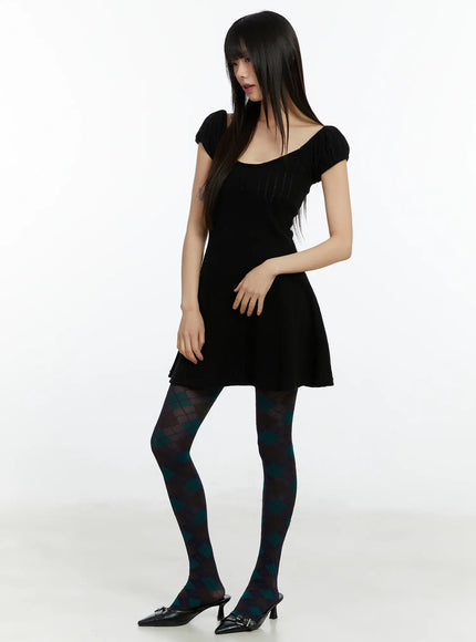 pointelle-puff-sleeve-flare-mini-dress-cf509 / Black