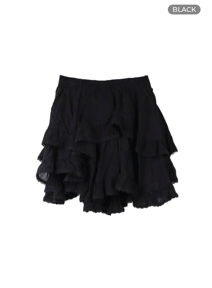 frill-banded-lace-mini-skirt-cf422 / Black