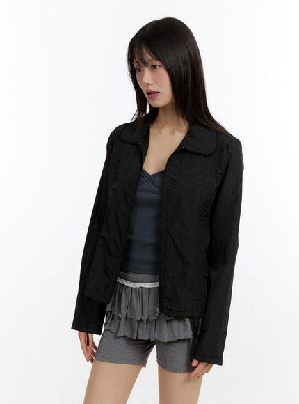 Ribbon Shirred Lace Collared Crop Jacket CA509