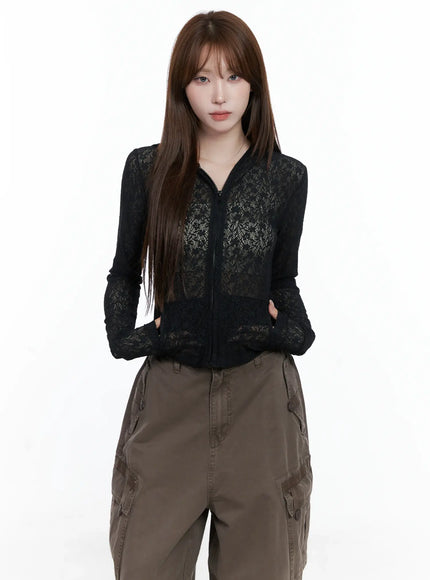lace-sheer-zip-up-hoodie-cs501 / Black