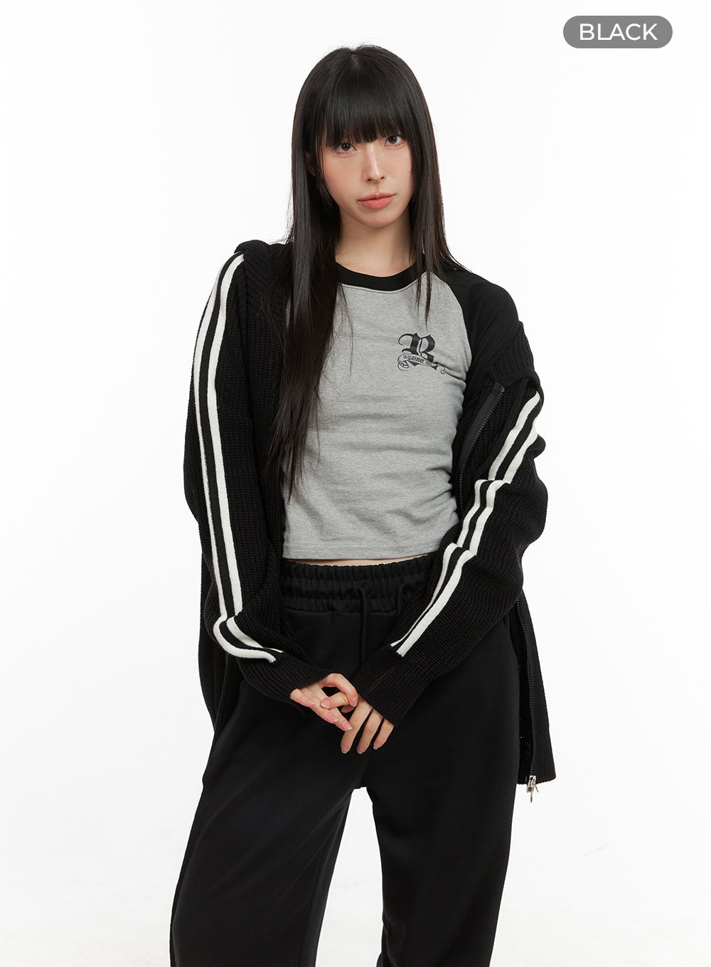 side-stripe-knit-sweater-jacket-cg420 / Black