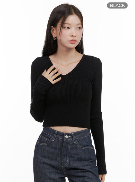 v-neck-slim-crop-long-sleeve-top-og416 / Black