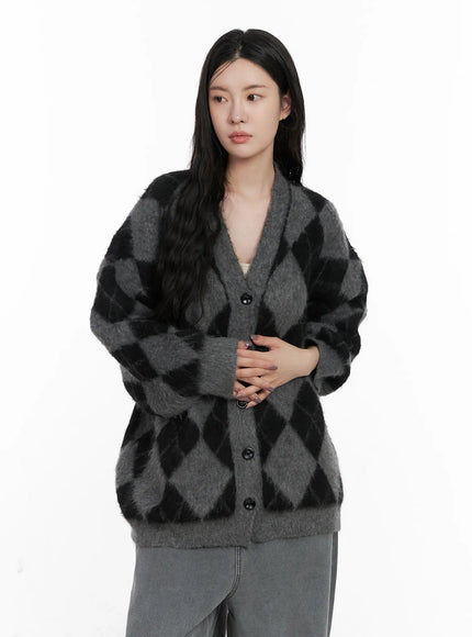 oversized-argyle-knit-cardigan-cn512 / Black