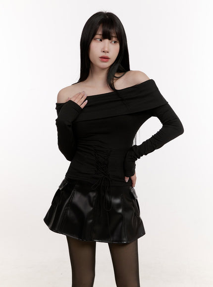 ribbon-corset-off-shoulder-long-sleeve-top-cj529 / Black