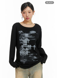 graphic-boat-neck-sweater-top-cm422 / Black