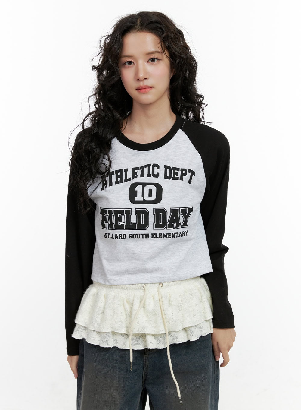 long-sleeve-raglan-printed-top-on404 / Black