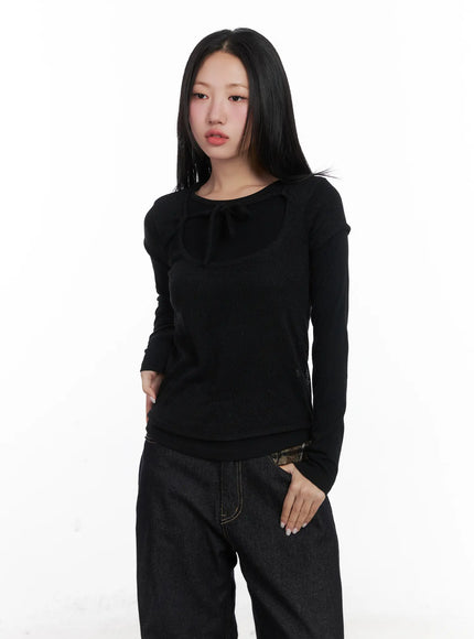 layered-knit-tie-top-set-cd501 / Black