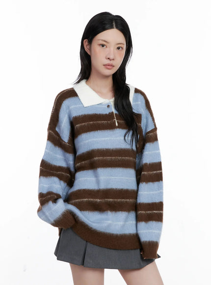 Striped Fuzzy Collared Knit Sweater CS529