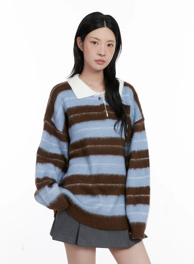 striped-fuzzy-collared-knit-sweater-cs529 / Blue