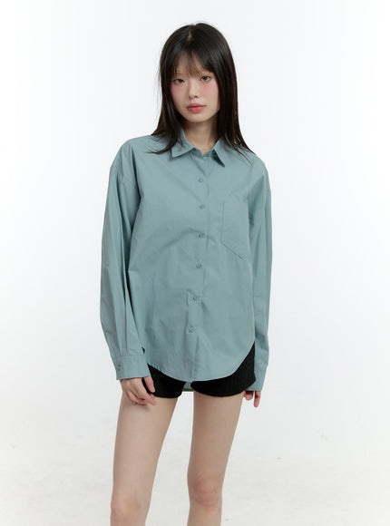 loose-fit-collared-button-up-shirt-cf506 / Blue